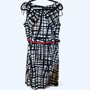 Plus Size Black and Cream Patterned Dress with Red Belt